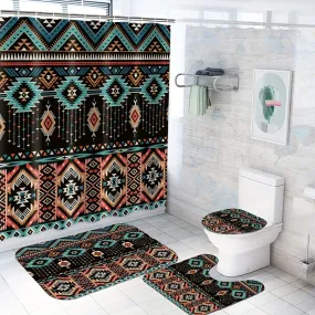 1/3/4pcs Southwestern  Printed Shower Curtain Set, Waterproof Bathroom Partition Curtain With Hooks, Non-Slip Bath Rug, Toilet U