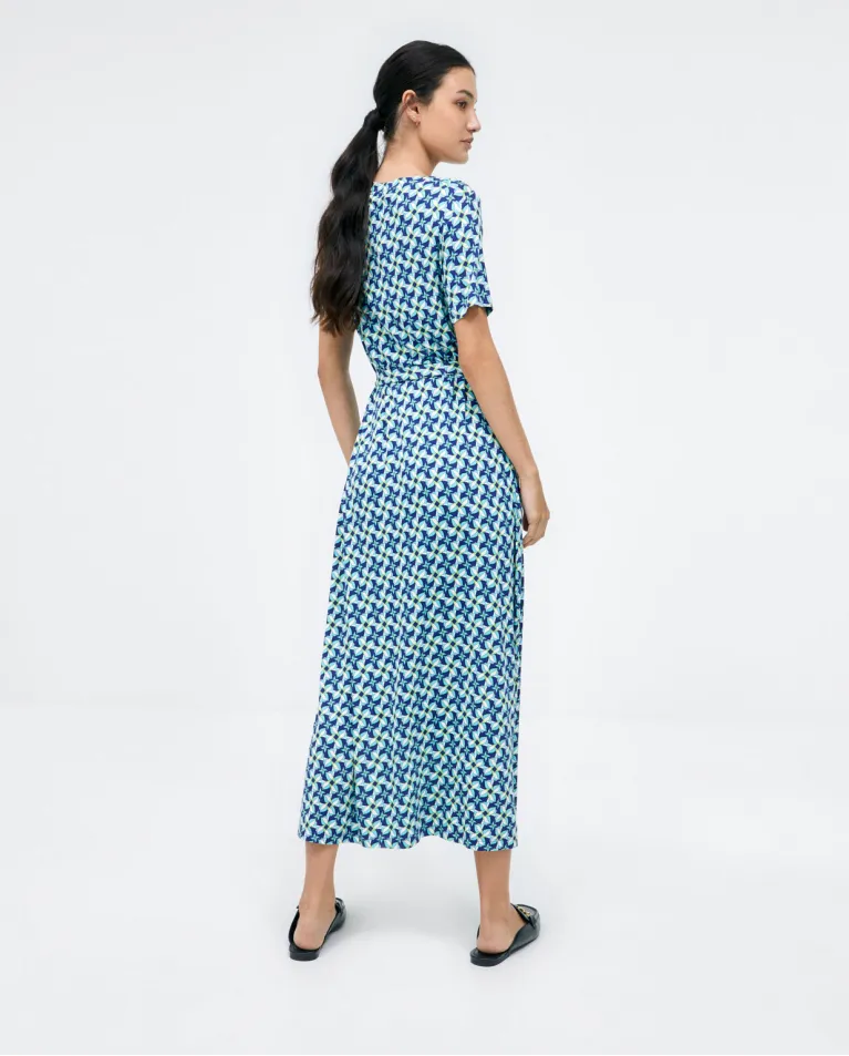 715- Knotted Crossover Belt Midi Dress- Blue Mix- Surkana