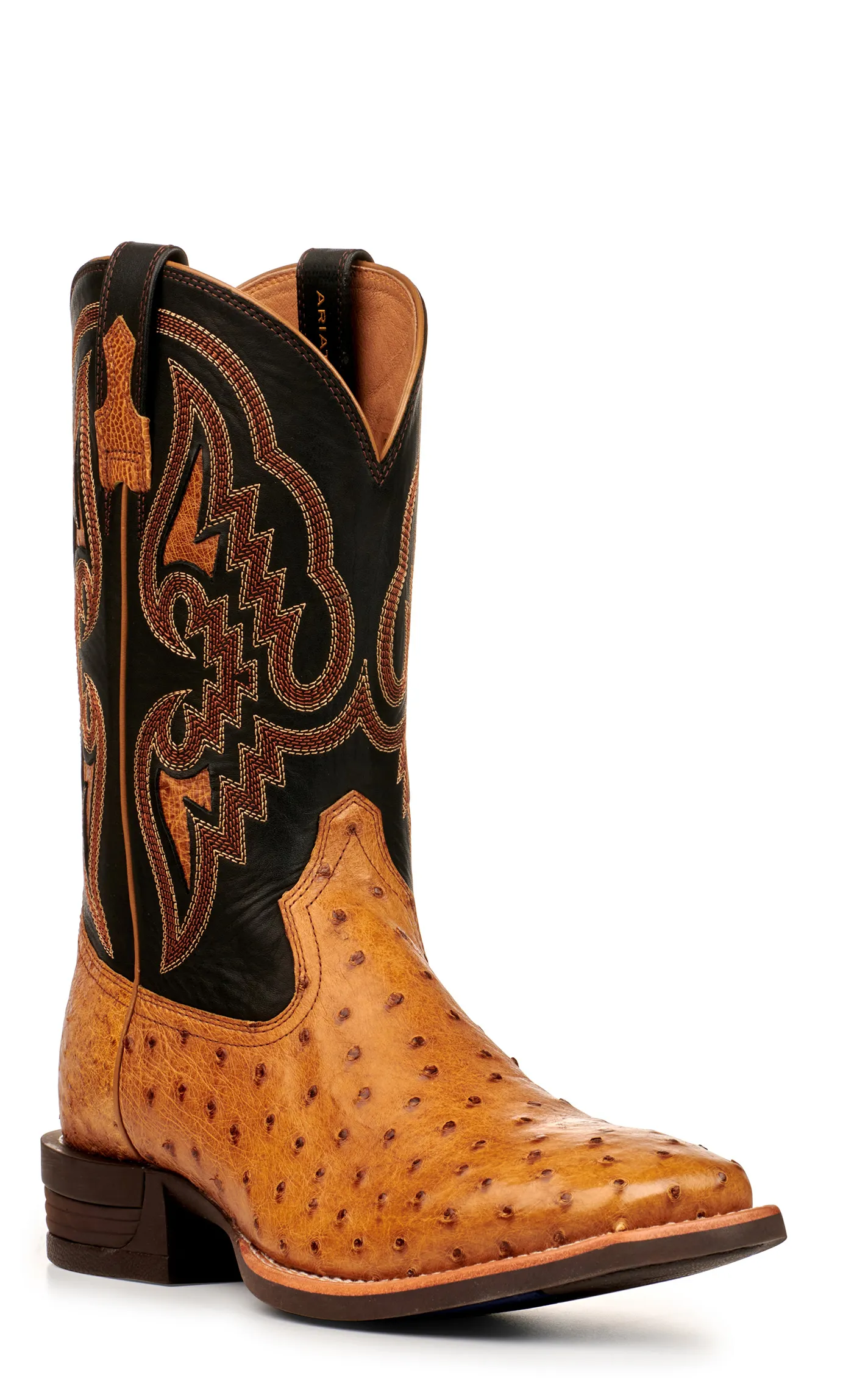 Ariat Men's Dagger Antique Saddle Brown and Black Full Quill Ostrich Shock Shield Square Toe Exotic Cowboy Boots