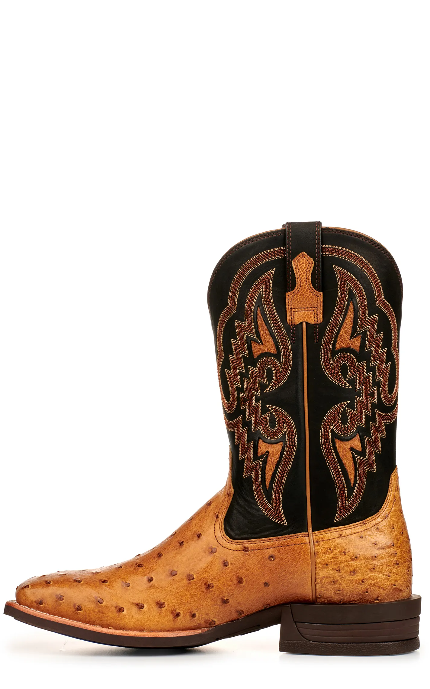 Ariat Men's Dagger Antique Saddle Brown and Black Full Quill Ostrich Shock Shield Square Toe Exotic Cowboy Boots