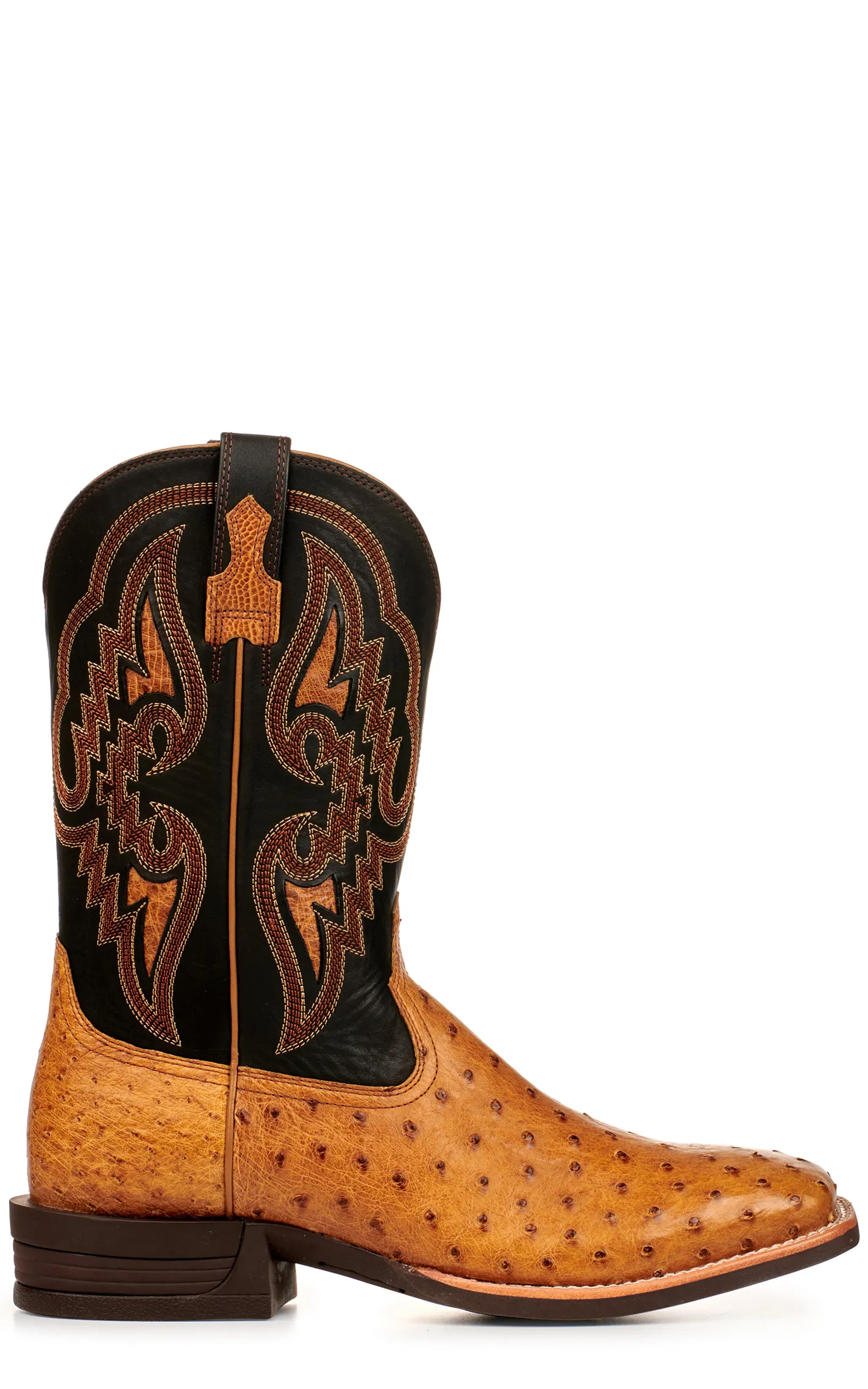 Ariat Men's Dagger Antique Saddle Brown and Black Full Quill Ostrich Shock Shield Square Toe Exotic Cowboy Boots