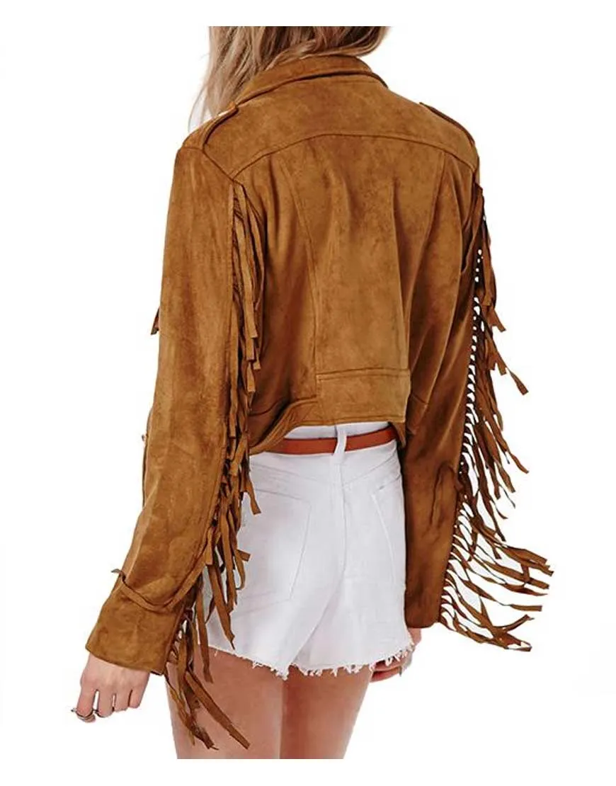 Asymmetrical Zipper Fringe Womens Suede Leather Jacket - UJackets