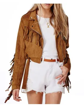 Asymmetrical Zipper Fringe Womens Suede Leather Jacket - UJackets