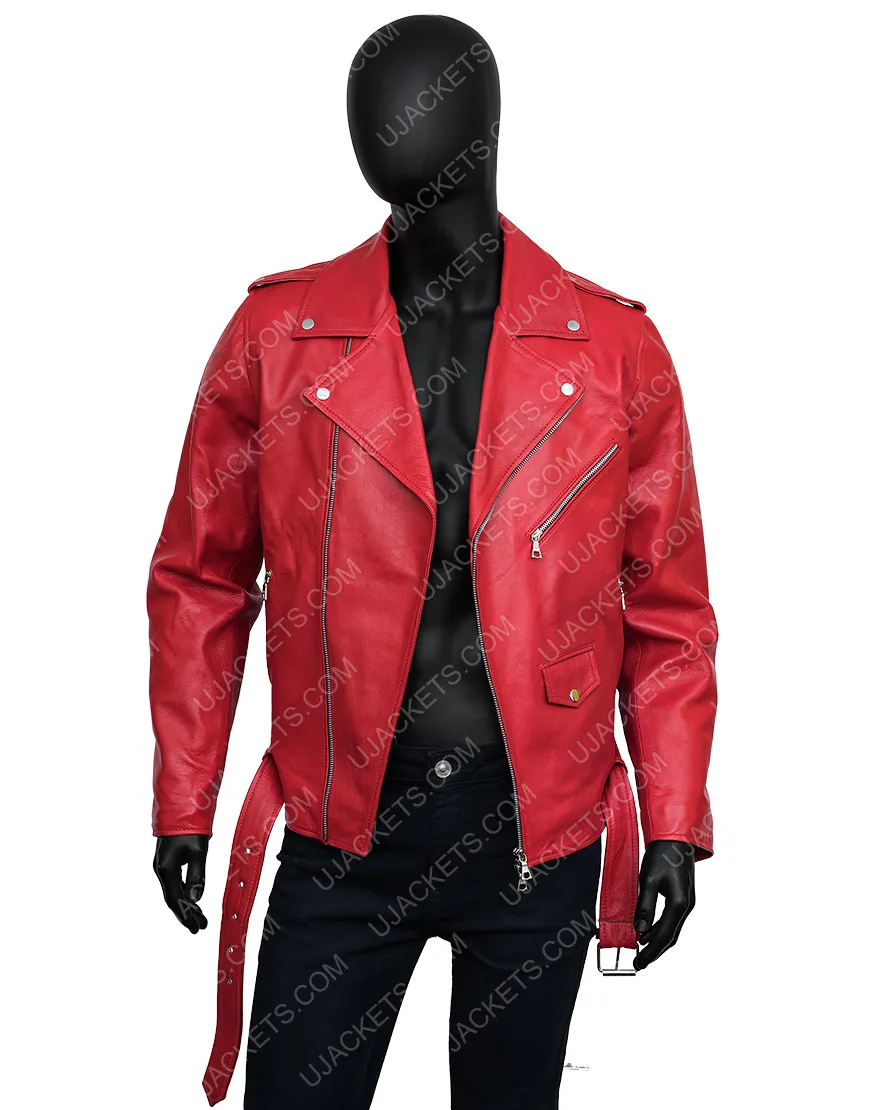 Belted Style Asymmetrical Zipper Red Leather Biker Jacket Mens - UJackets