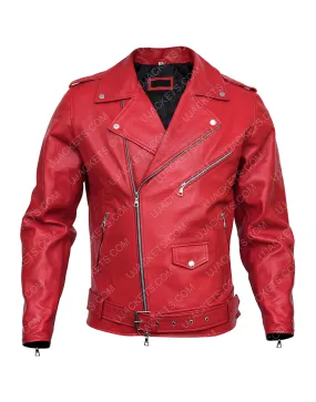 Belted Style Asymmetrical Zipper Red Leather Biker Jacket Mens - UJackets