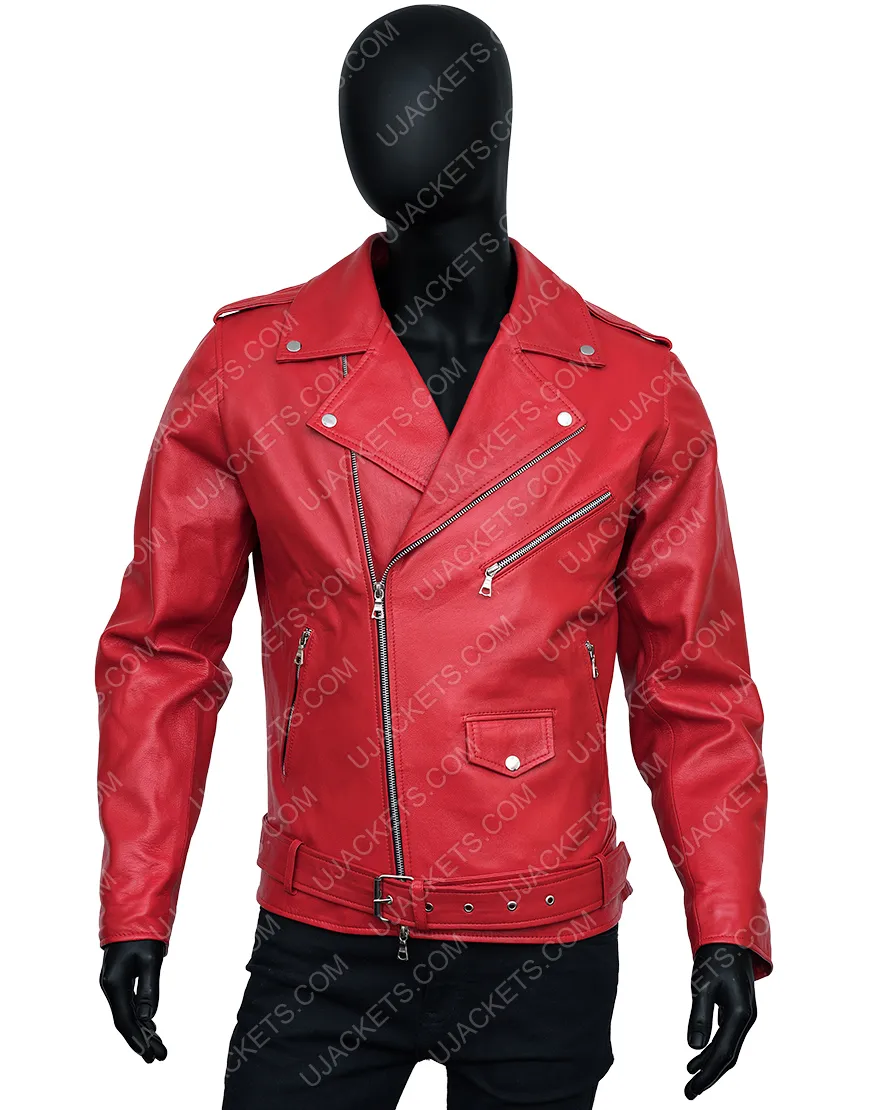 Belted Style Asymmetrical Zipper Red Leather Biker Jacket Mens - UJackets