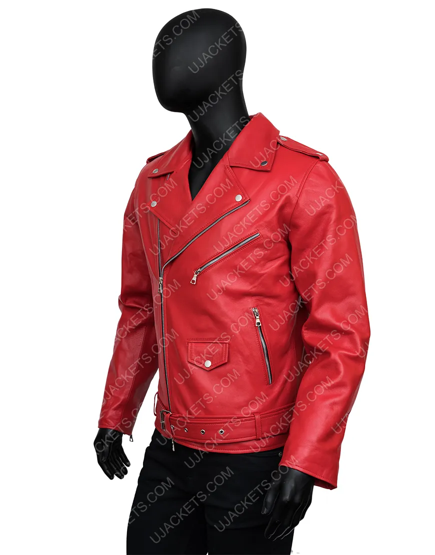 Belted Style Asymmetrical Zipper Red Leather Biker Jacket Mens - UJackets