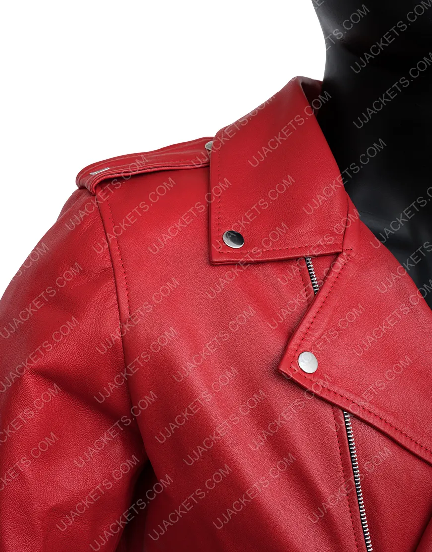 Belted Style Asymmetrical Zipper Red Leather Biker Jacket Mens - UJackets