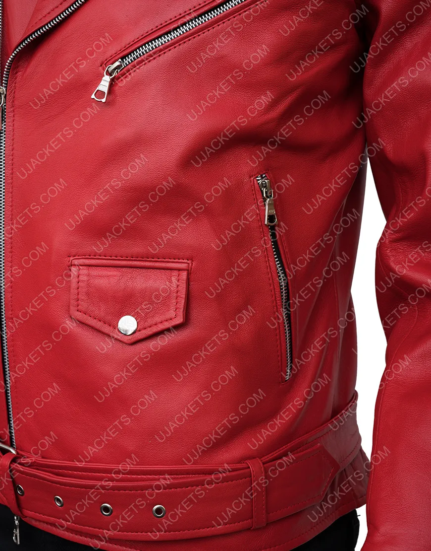 Belted Style Asymmetrical Zipper Red Leather Biker Jacket Mens - UJackets