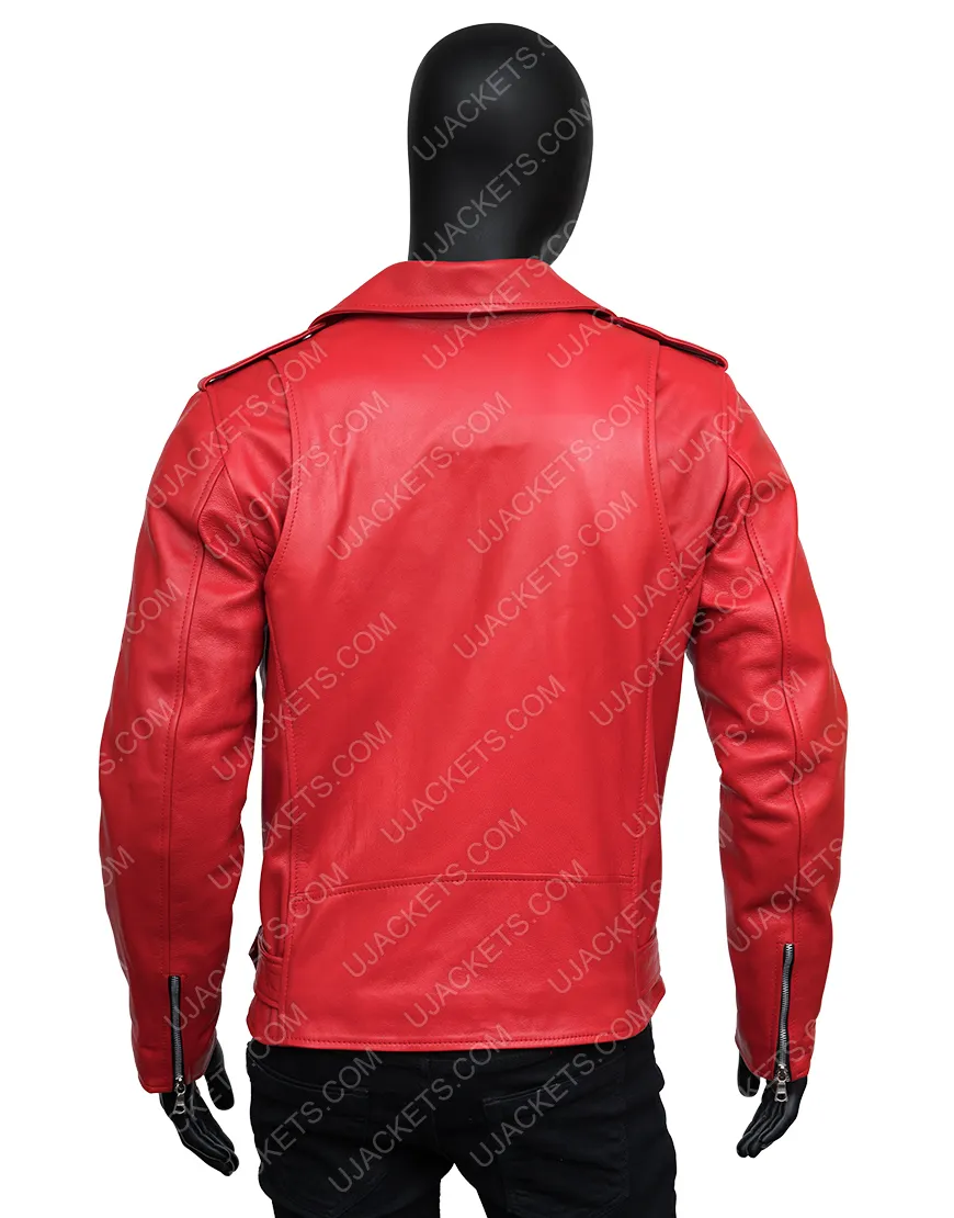 Belted Style Asymmetrical Zipper Red Leather Biker Jacket Mens - UJackets