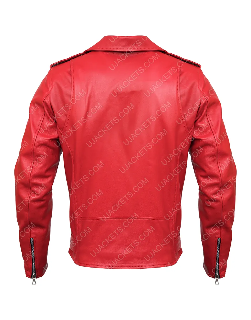 Belted Style Asymmetrical Zipper Red Leather Biker Jacket Mens - UJackets