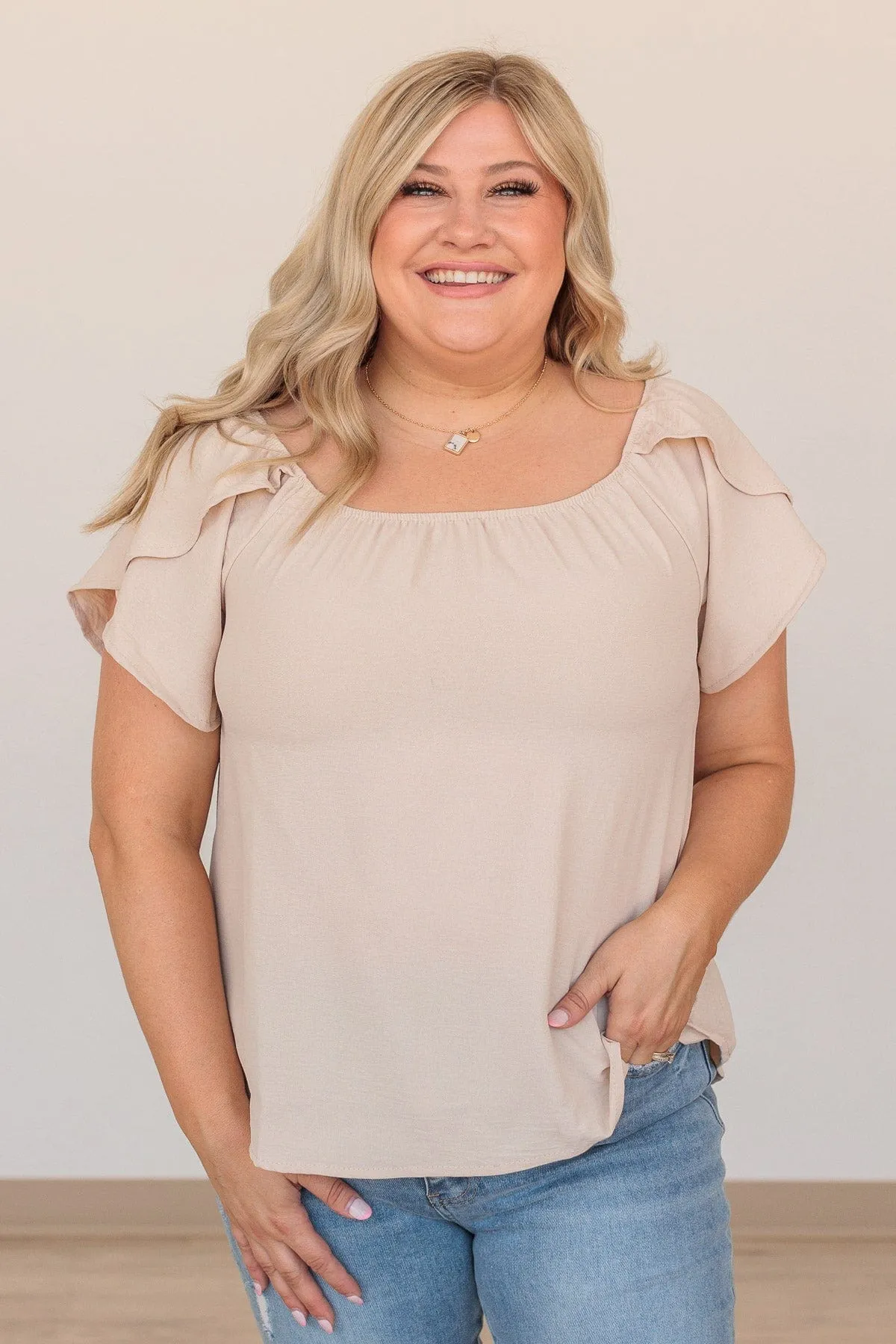 Best In Show Flutter Sleeve Top- Light Beige