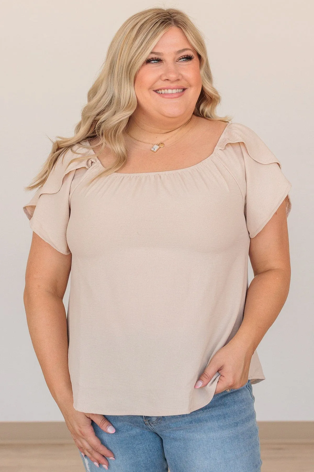 Best In Show Flutter Sleeve Top- Light Beige