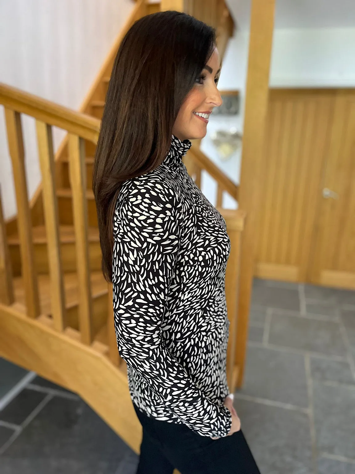 Black Super Soft Touch Printed Roll Neck