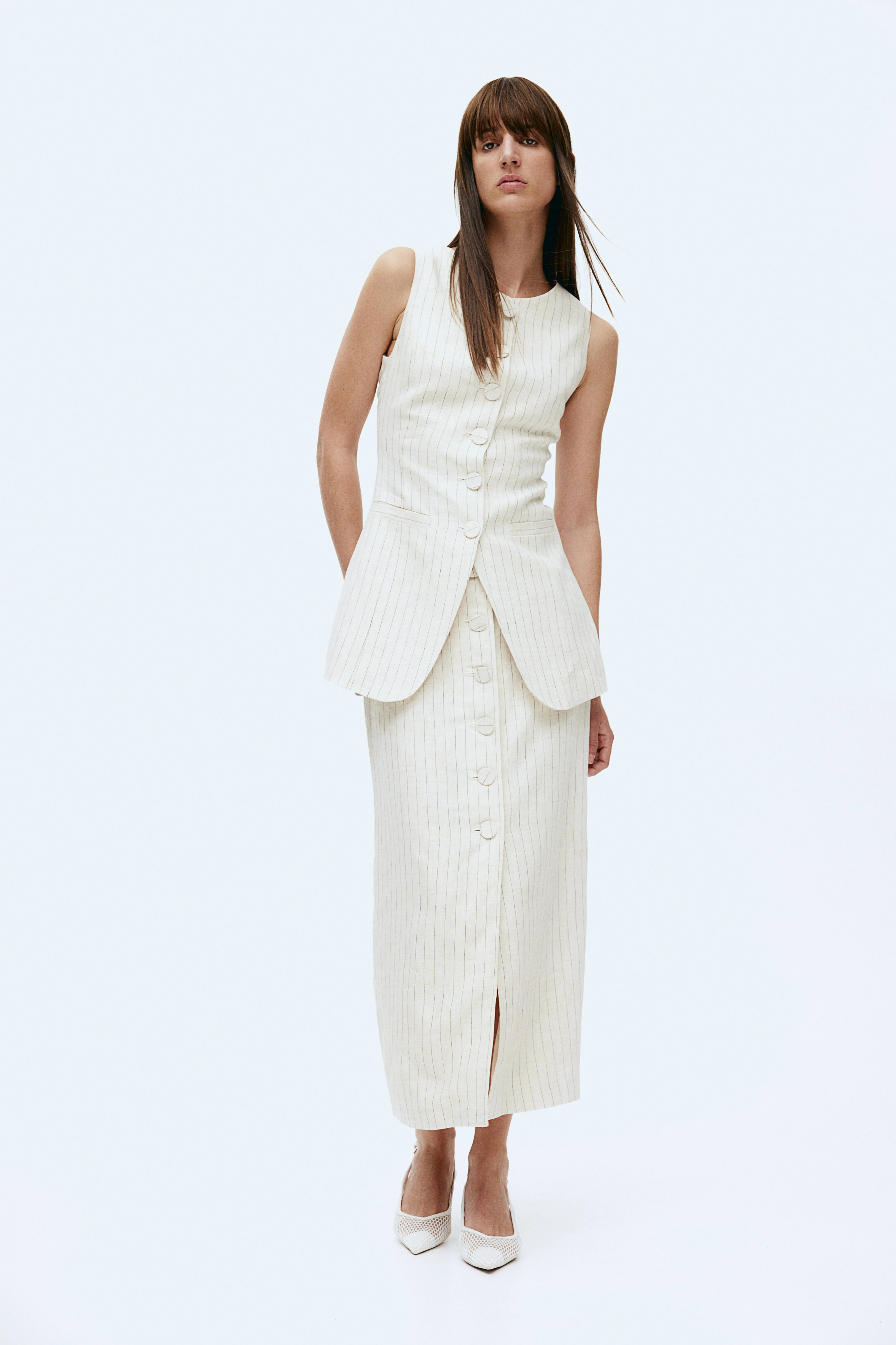 Button-front linen skirt - Regular waist - Long - Light beige/Pinstriped - Ladies | H&M GB