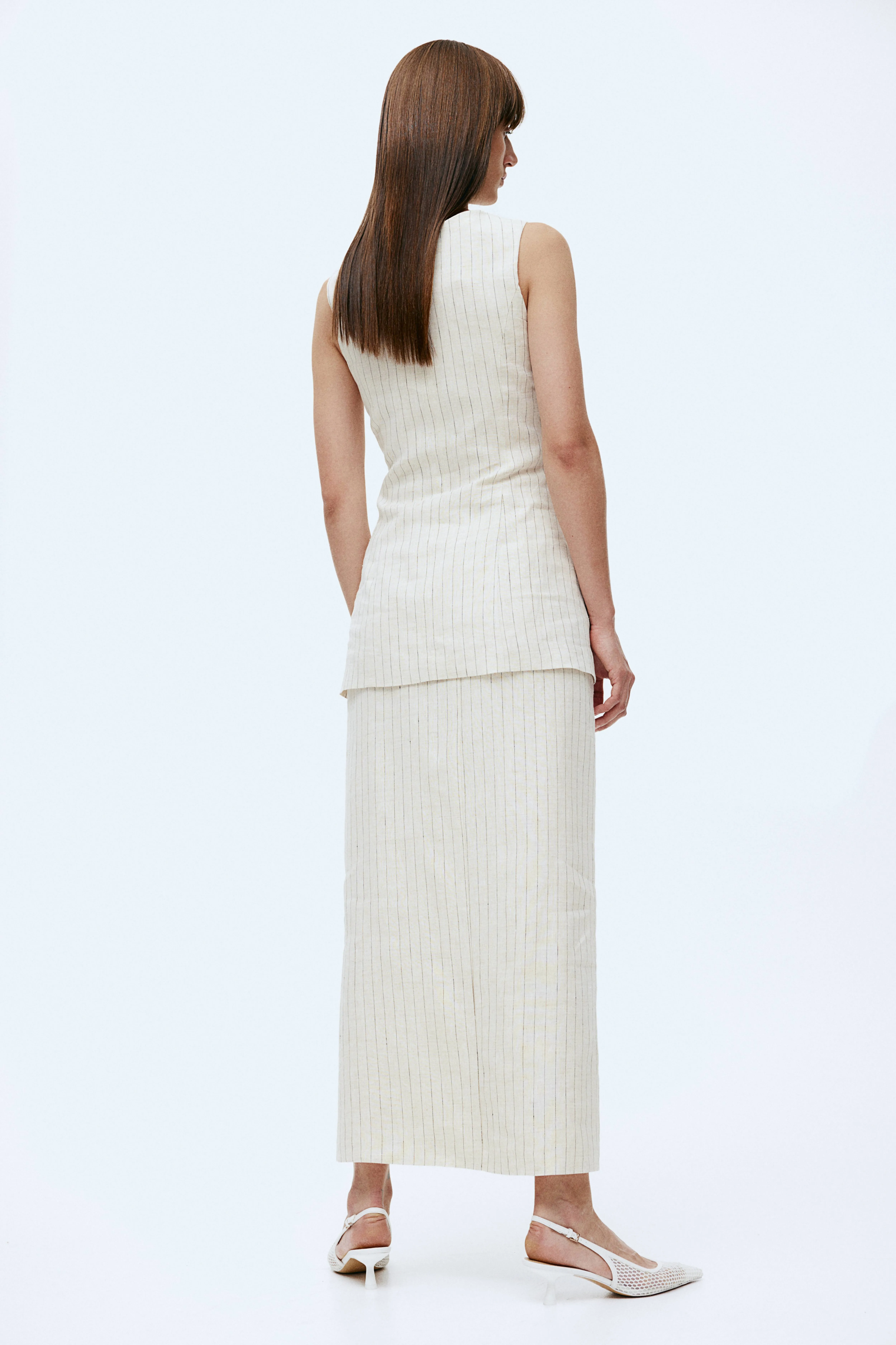 Button-front linen skirt - Regular waist - Long - Light beige/Pinstriped - Ladies | H&M GB