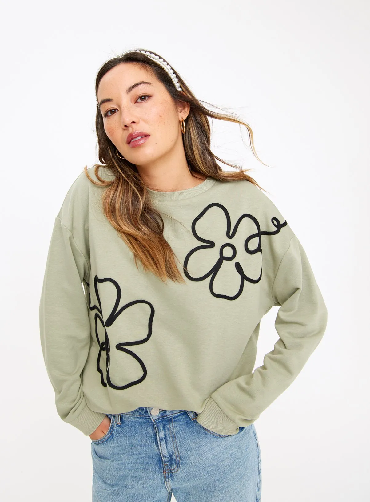 Buy Green Cornelli Flower Relaxed Sweatshirt M | Hoodies and sweatshirts | Tu