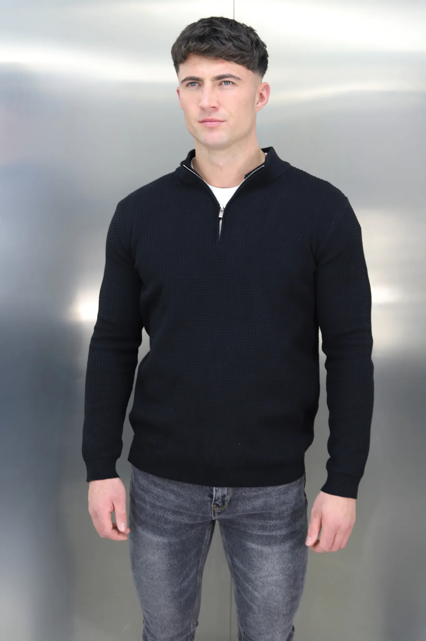 Capo WAFFLE Cotton 1/4 Zip Jumper - Black