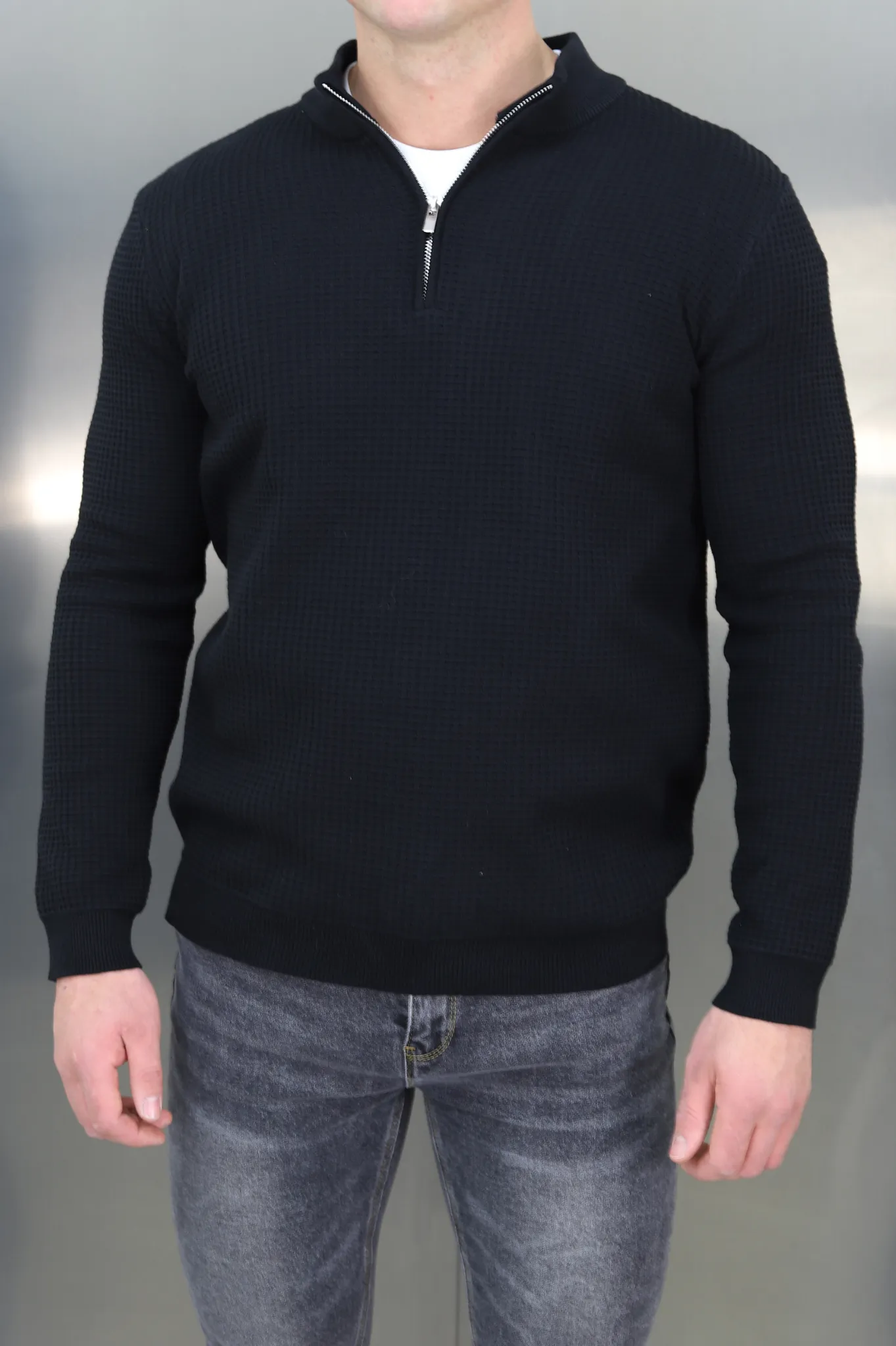 Capo WAFFLE Cotton 1/4 Zip Jumper - Black