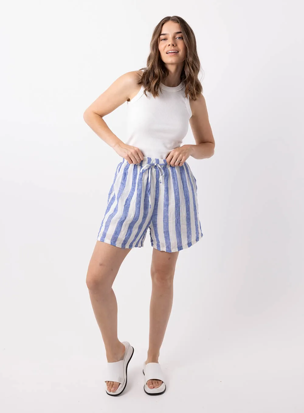 Charlie Stripe Linen Short-BLUE