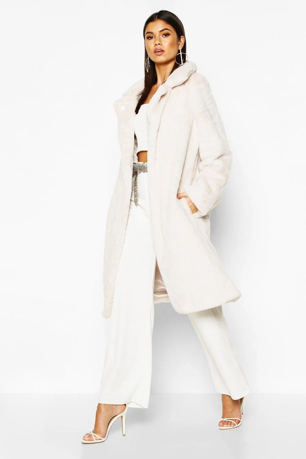 Collared Faux Fur Belted Robe Coat