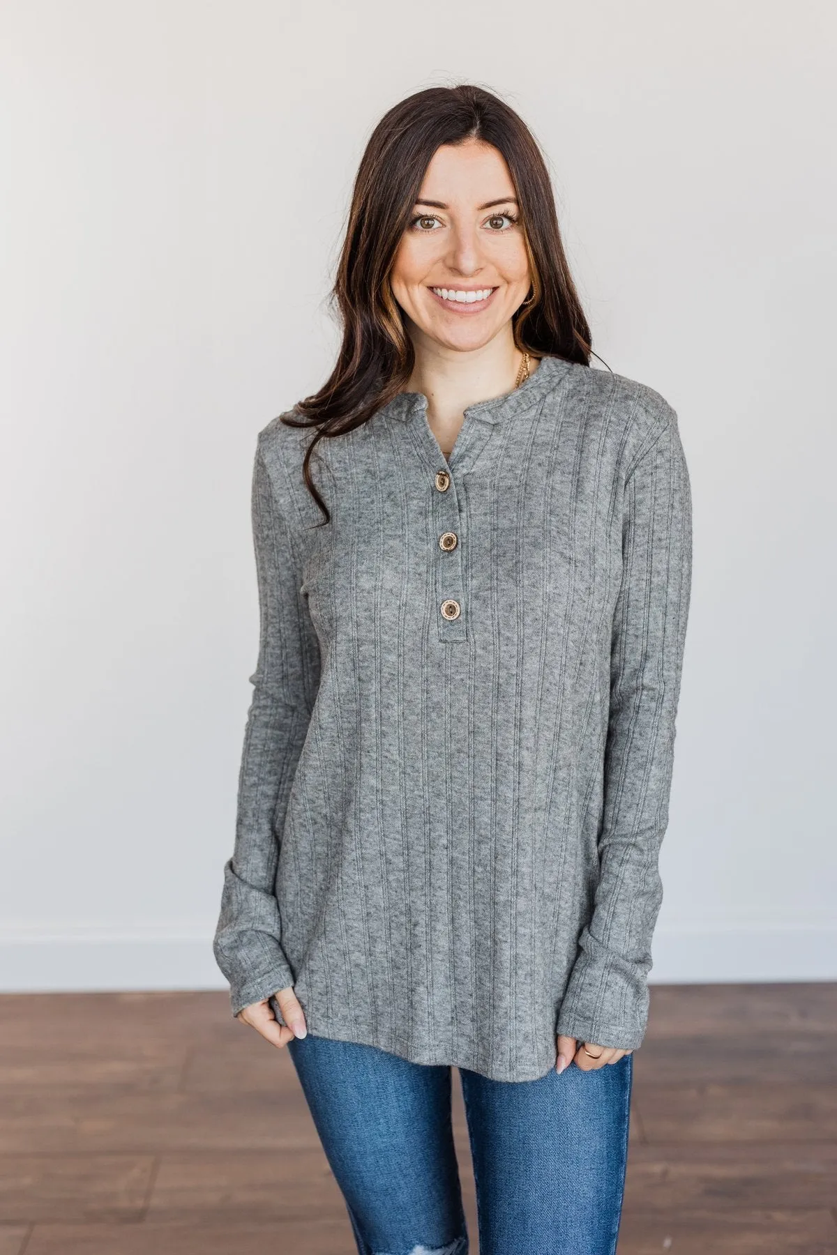 Cozy Up Close Button Henley Top- Grey