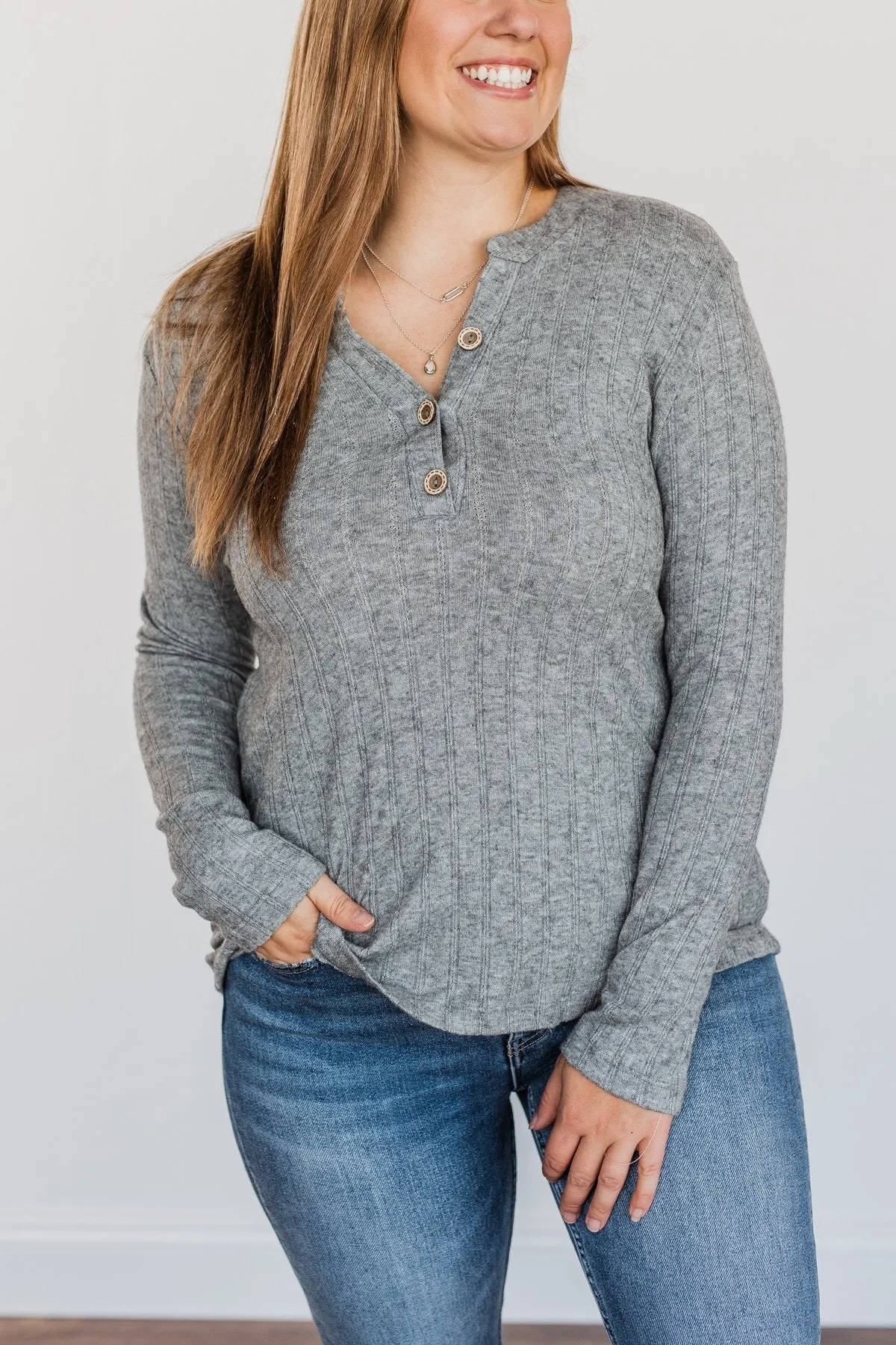 Cozy Up Close Button Henley Top- Grey