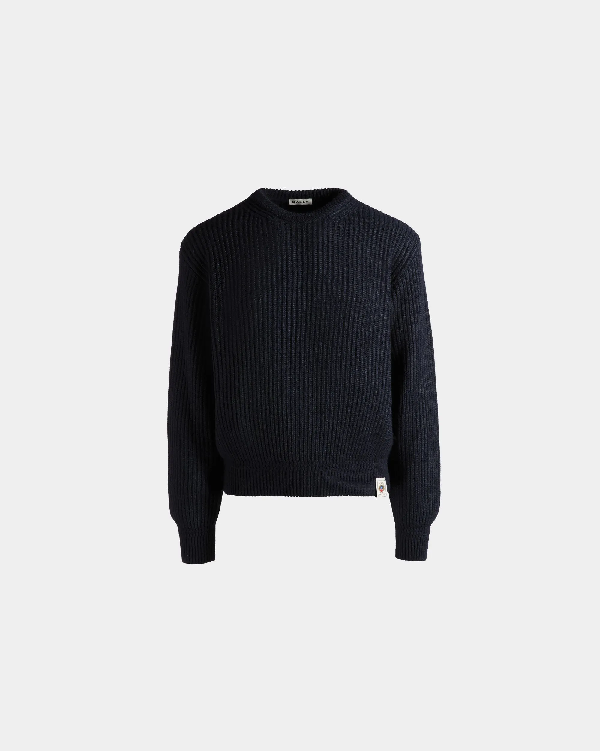 Crewneck Sweater With Bally Crest Logo In Navy Blue Wool And Silk 