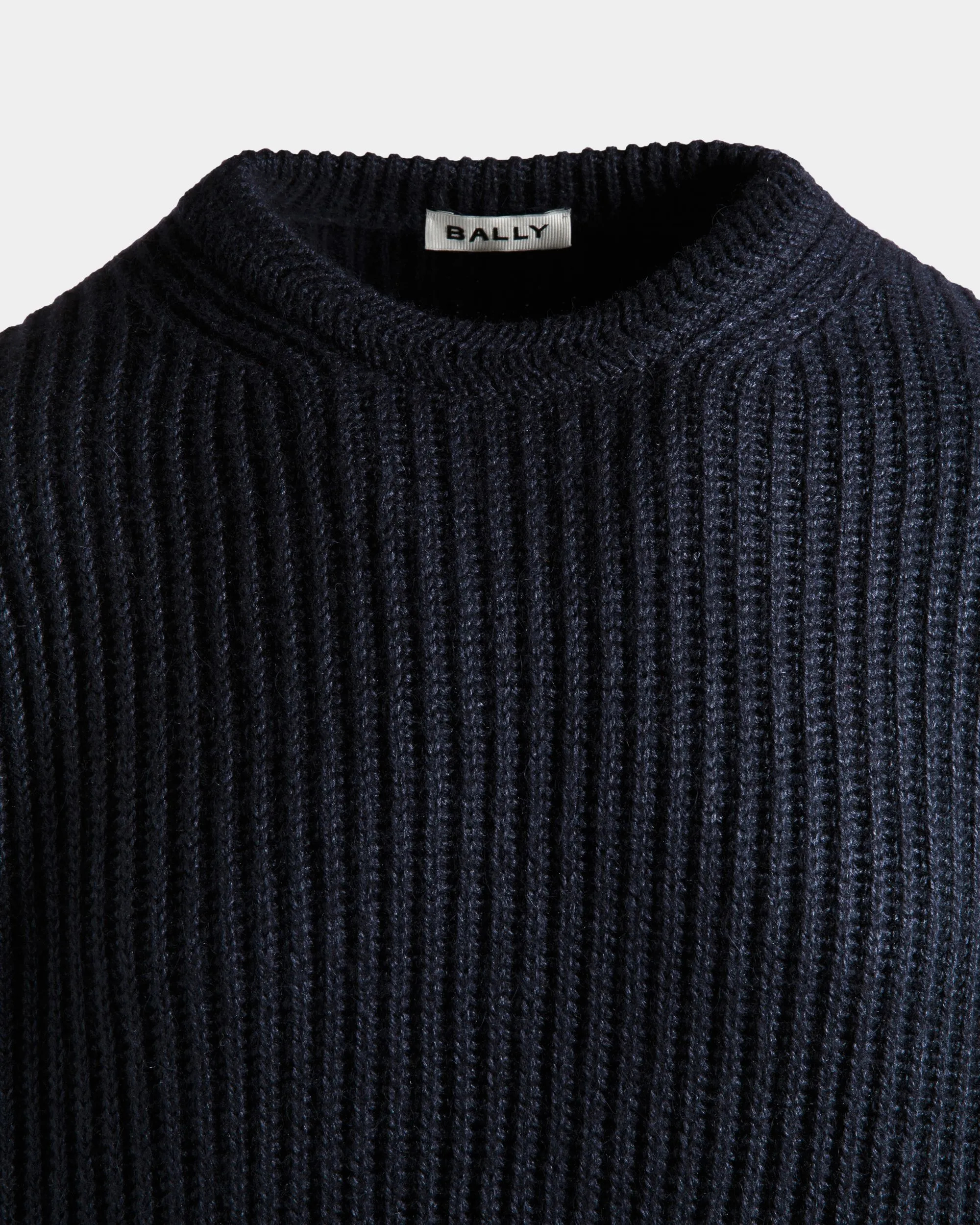 Crewneck Sweater With Bally Crest Logo In Navy Blue Wool And Silk 