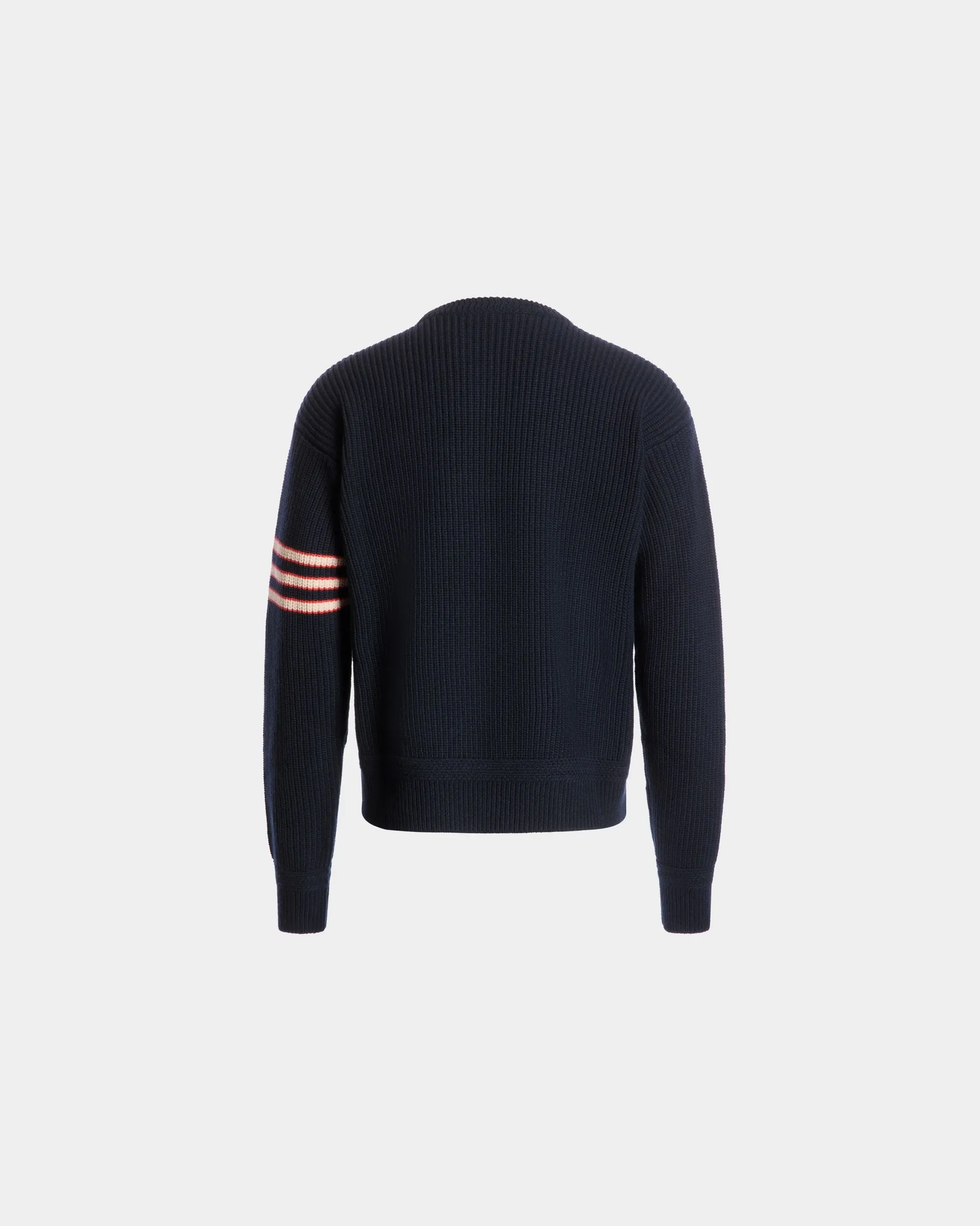 Crewneck Sweater With Bally Crest Logo in Navy Blue Wool 