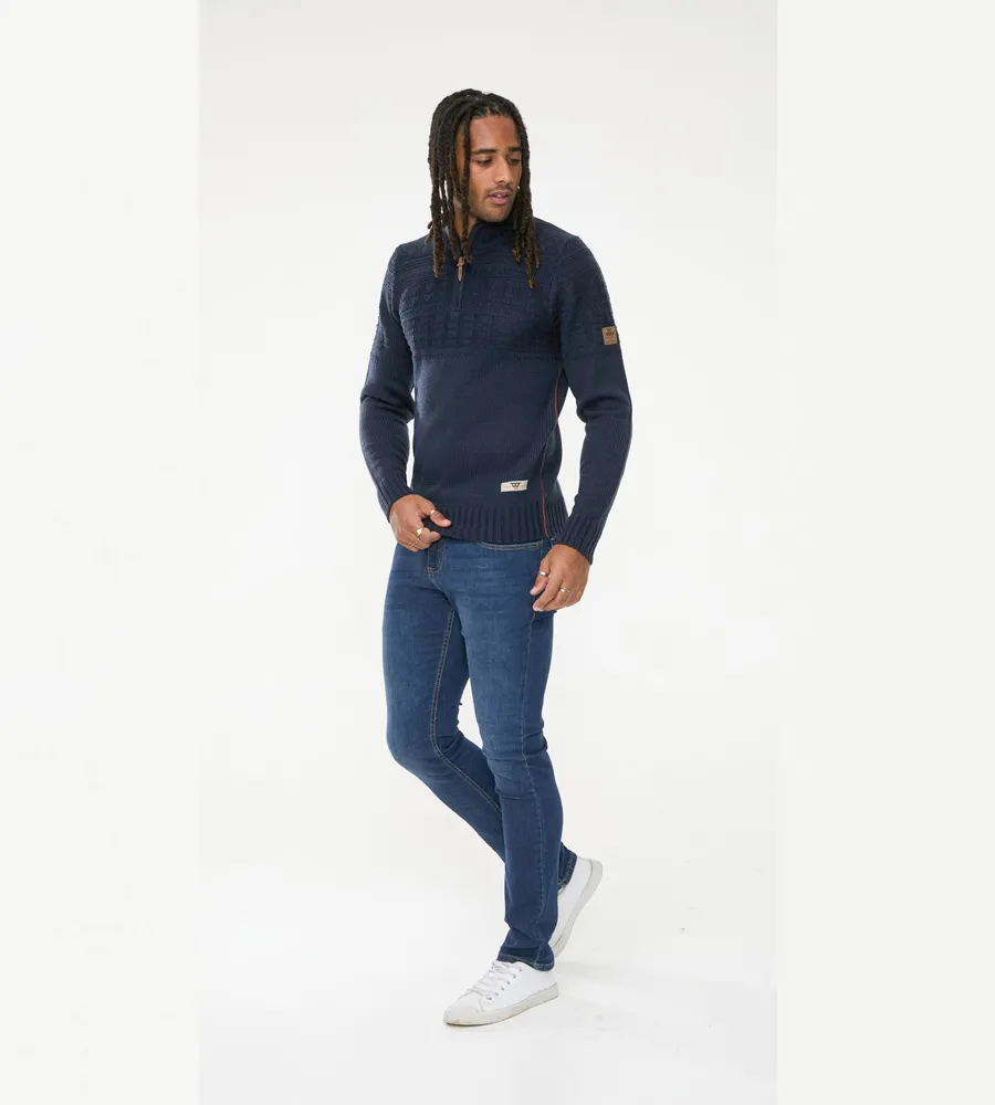 D555 Mens Navy Jacquard Knitted Jumper With 1/4 Zip (YATES)