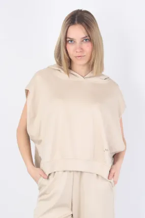 Felpa Cappuccio Smanicata Moda Beige Sand