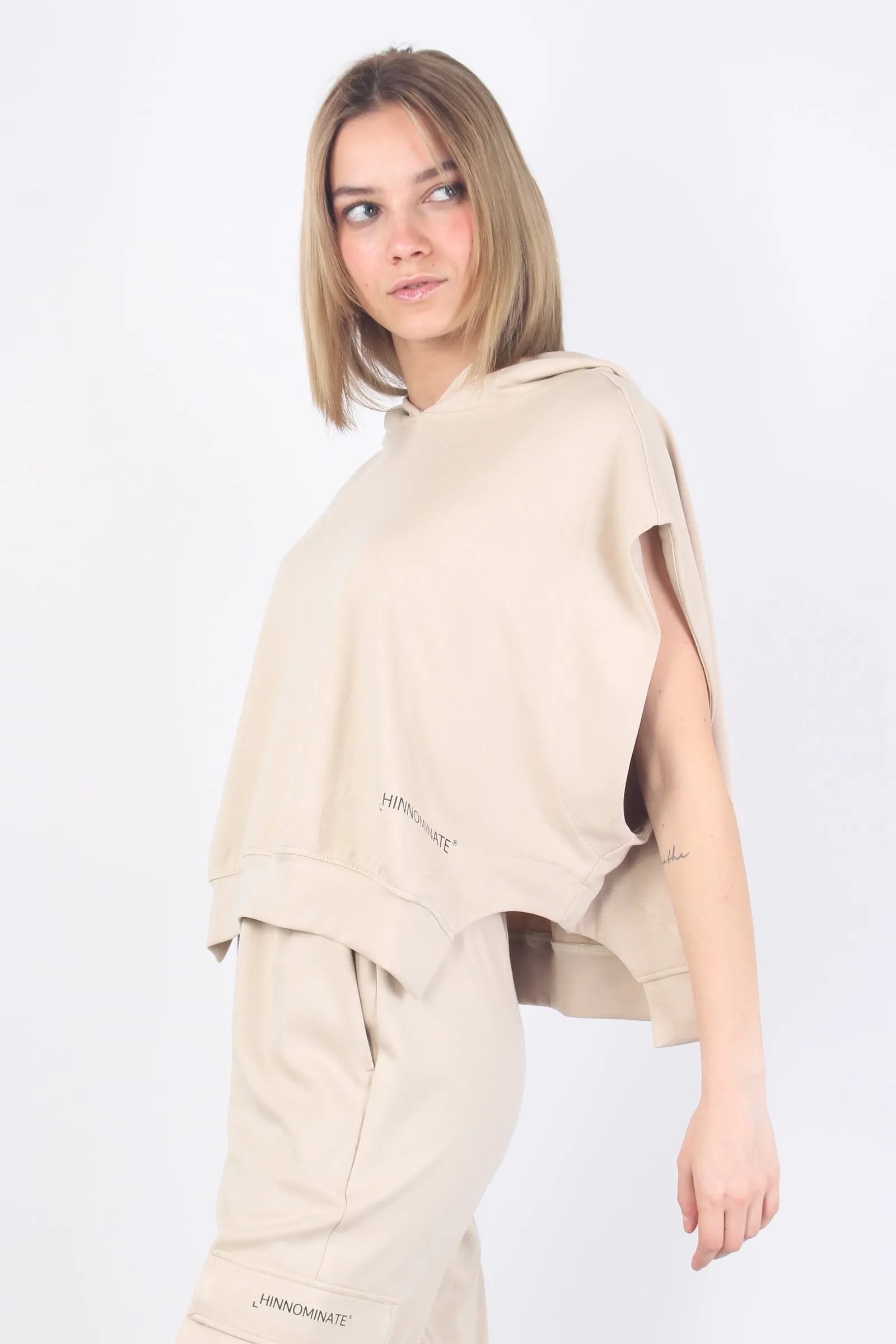 Felpa Cappuccio Smanicata Moda Beige Sand