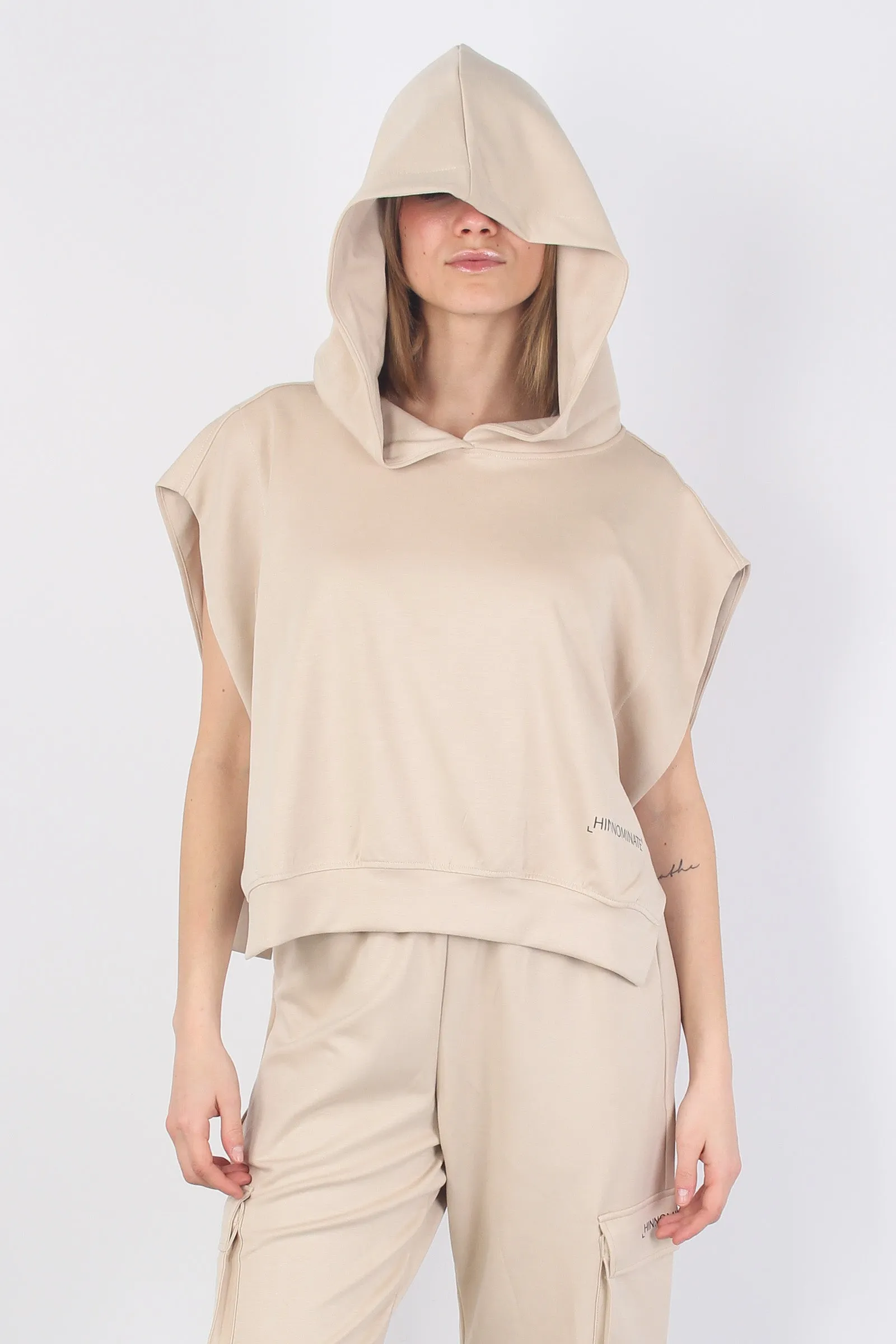 Felpa Cappuccio Smanicata Moda Beige Sand