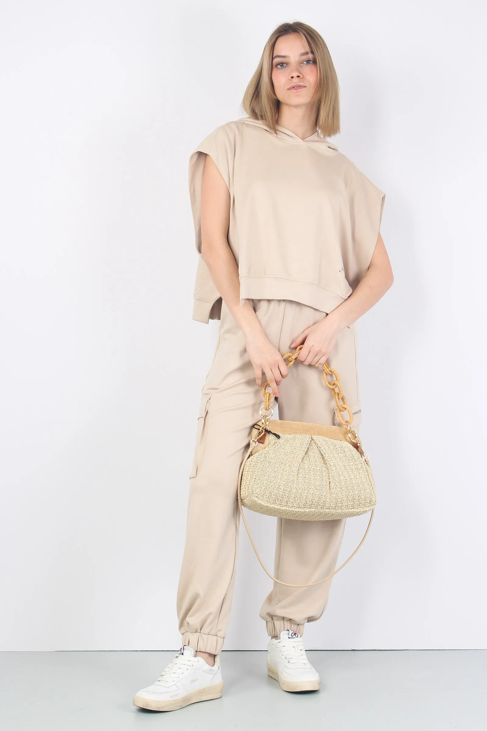 Felpa Cappuccio Smanicata Moda Beige Sand