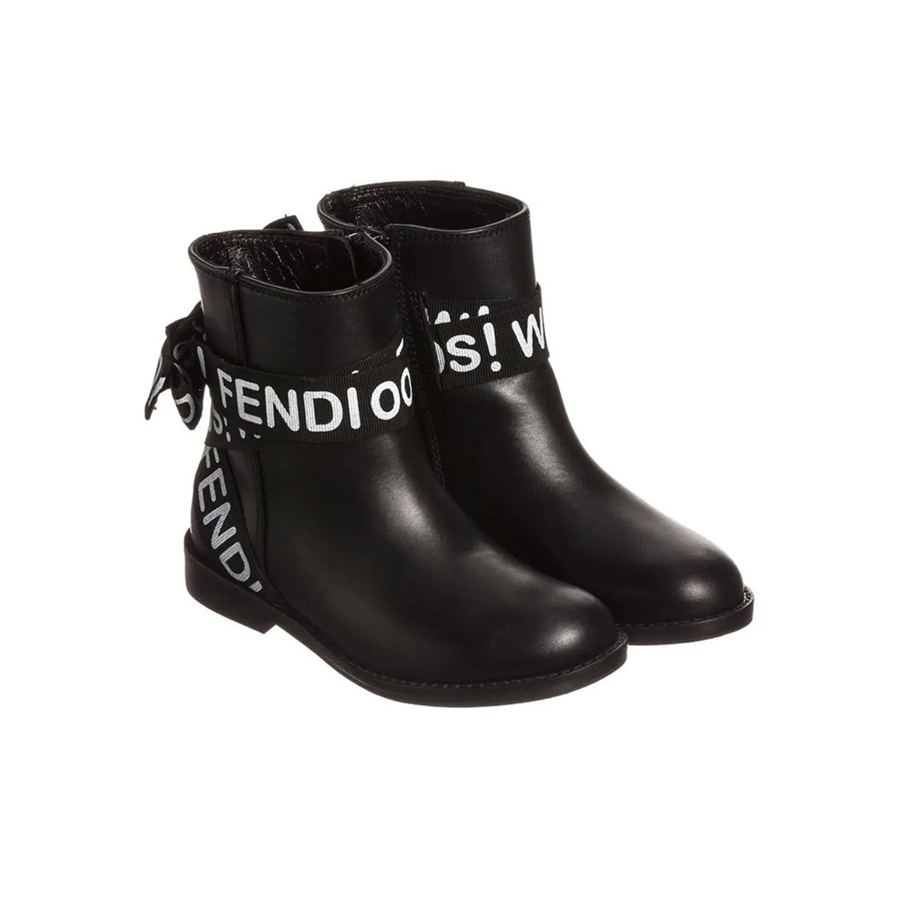 Fendi Girls Black Leather Ribbon Boots  