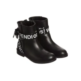 Fendi Girls Black Leather Ribbon Boots  