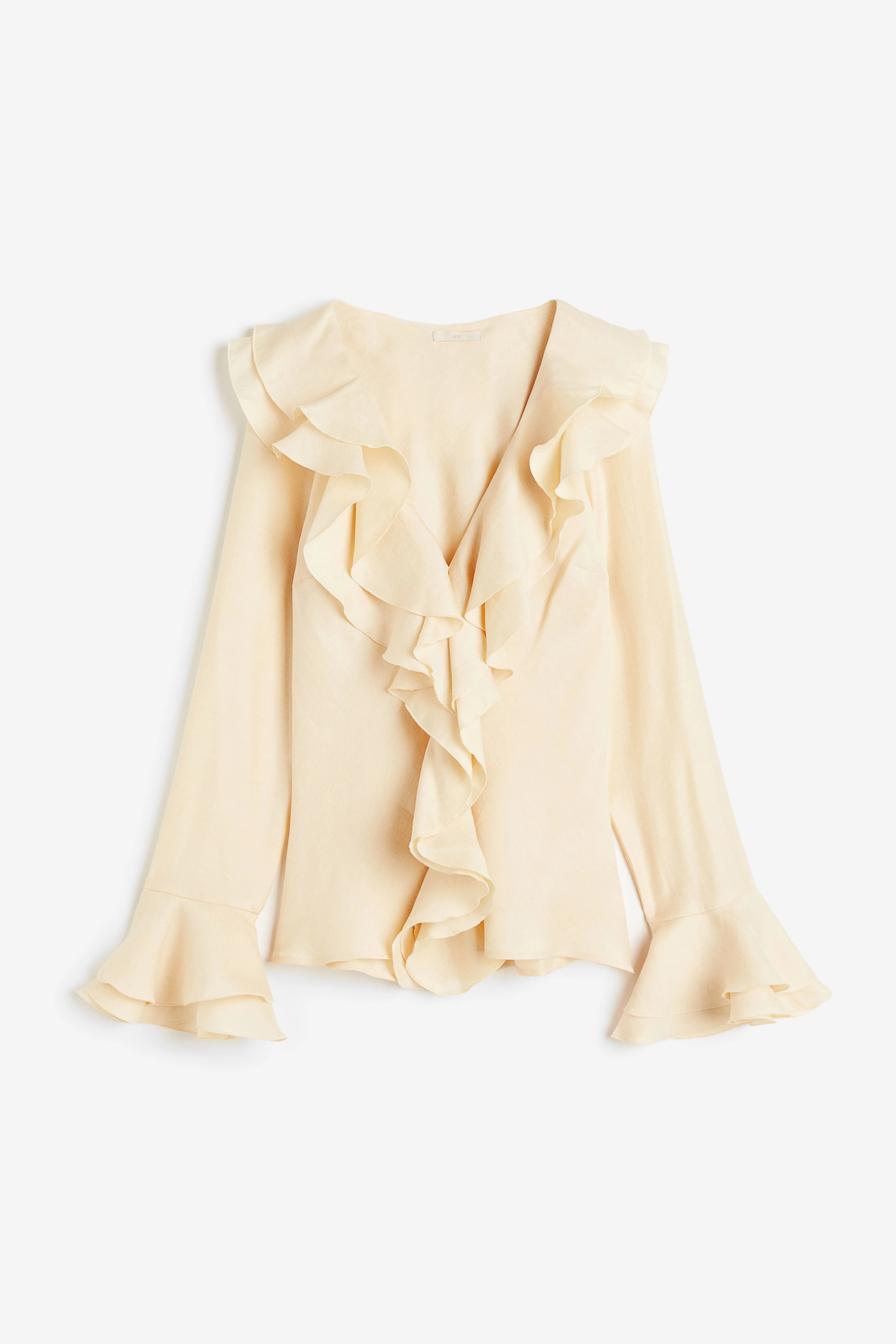 Flounce-trimmed blouse - Deep neckline - Long sleeve - Light beige - Ladies | H&M GB