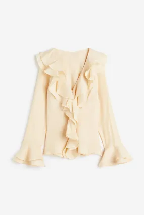 Flounce-trimmed blouse - Deep neckline - Long sleeve - Light beige - Ladies | H&M GB