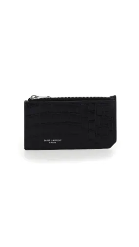 Fragments Zipped Card Case In Crocodile Embossed Leather - Black