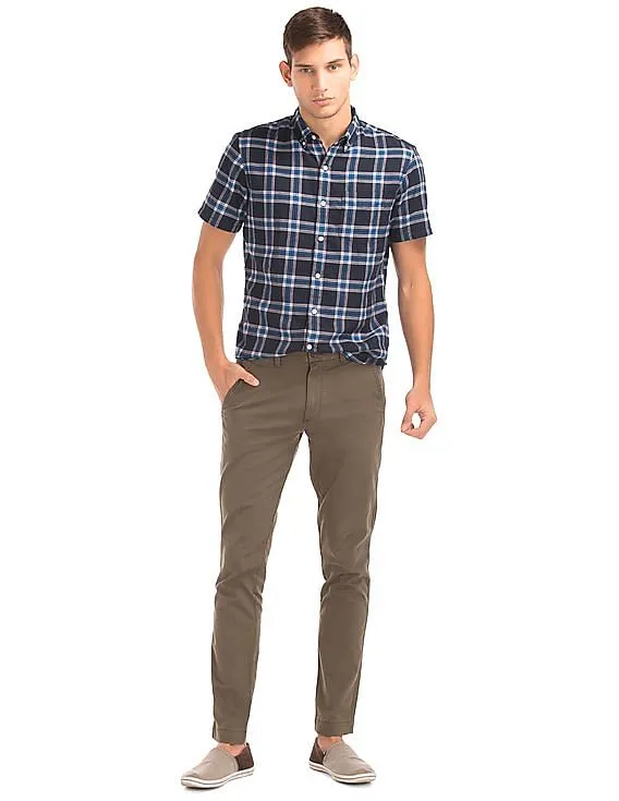 GAP Men Blue Twill Plaid Short Sleeve Standard Fit Shirt