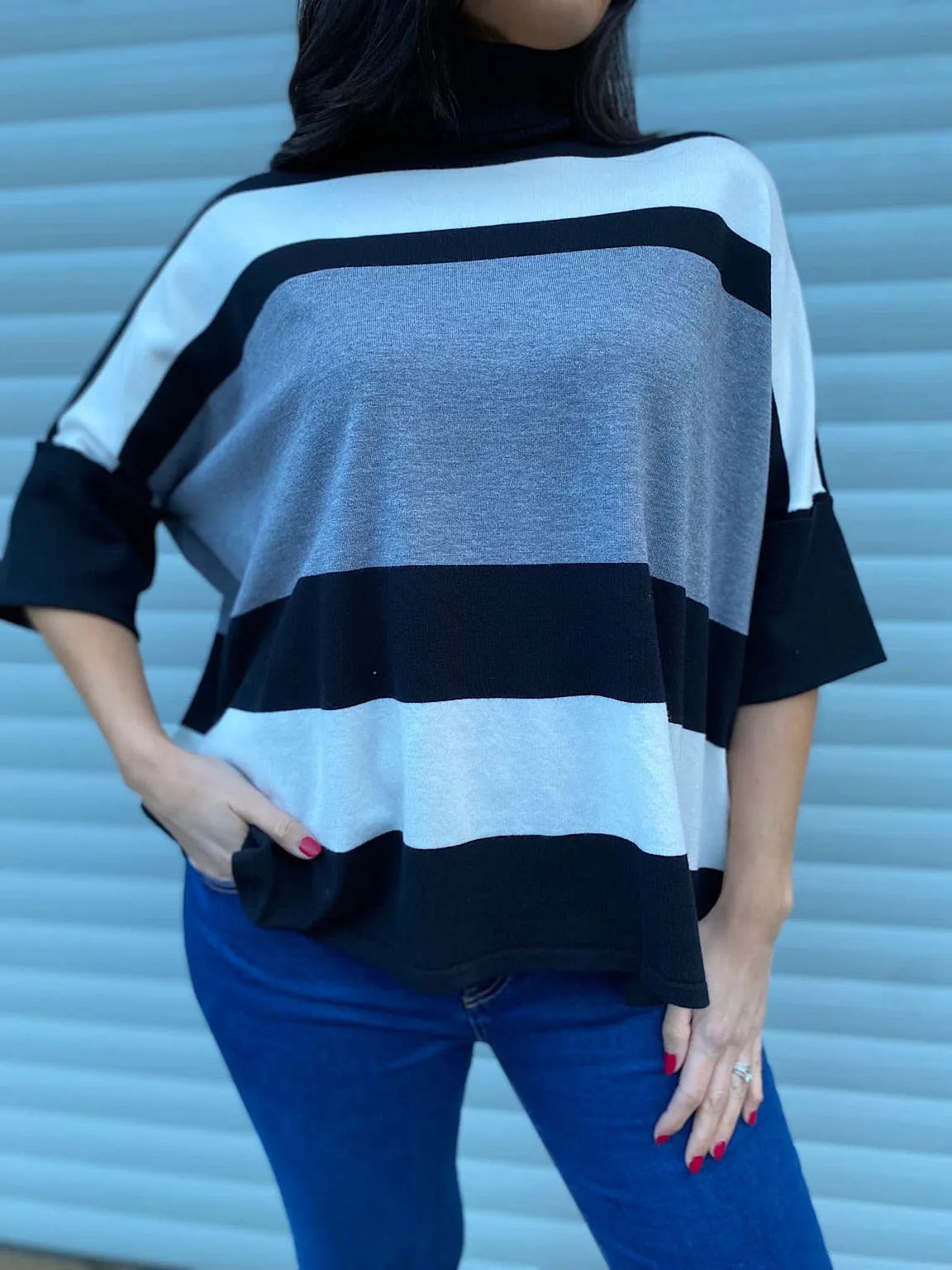 Grey Stripe Folded Sleeve Knit Steph