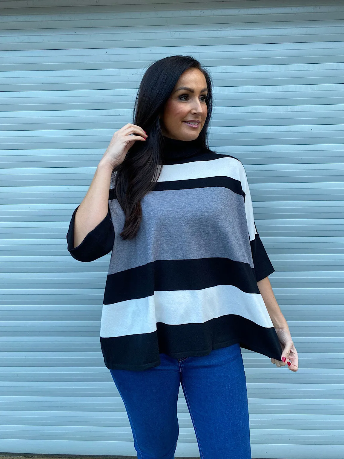 Grey Stripe Folded Sleeve Knit Steph