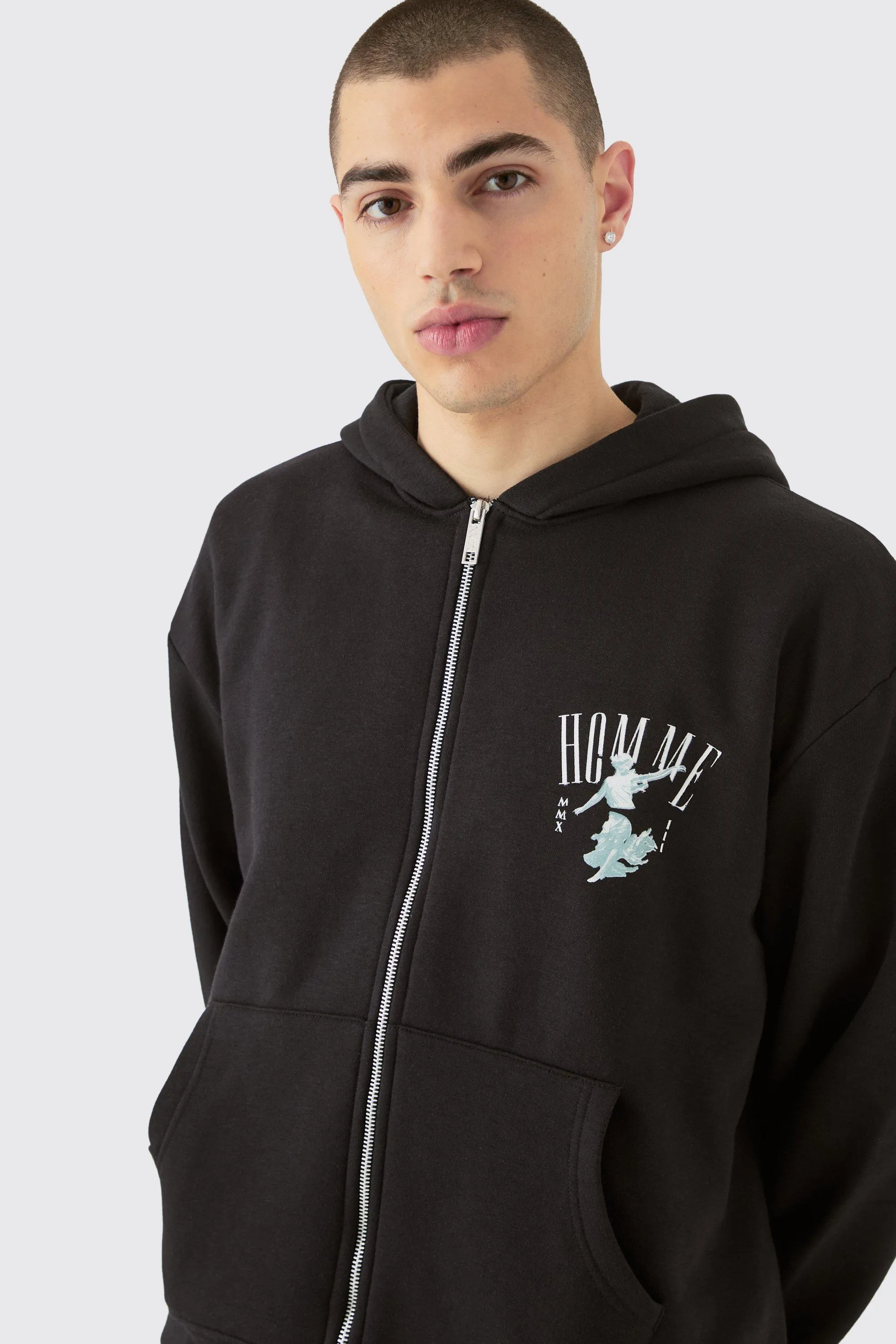 Hoodies & Sweatshirts | Oversized Boxy Zip Through Homme Flock Print Hoodie | boohooMAN