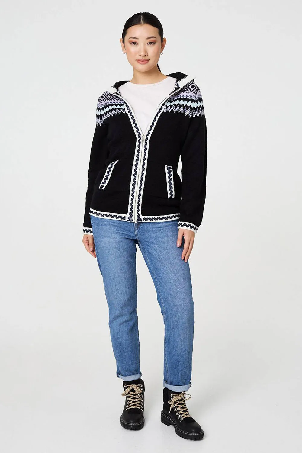 Izabel London – Ikat Print Zip Front Hooded Jumper