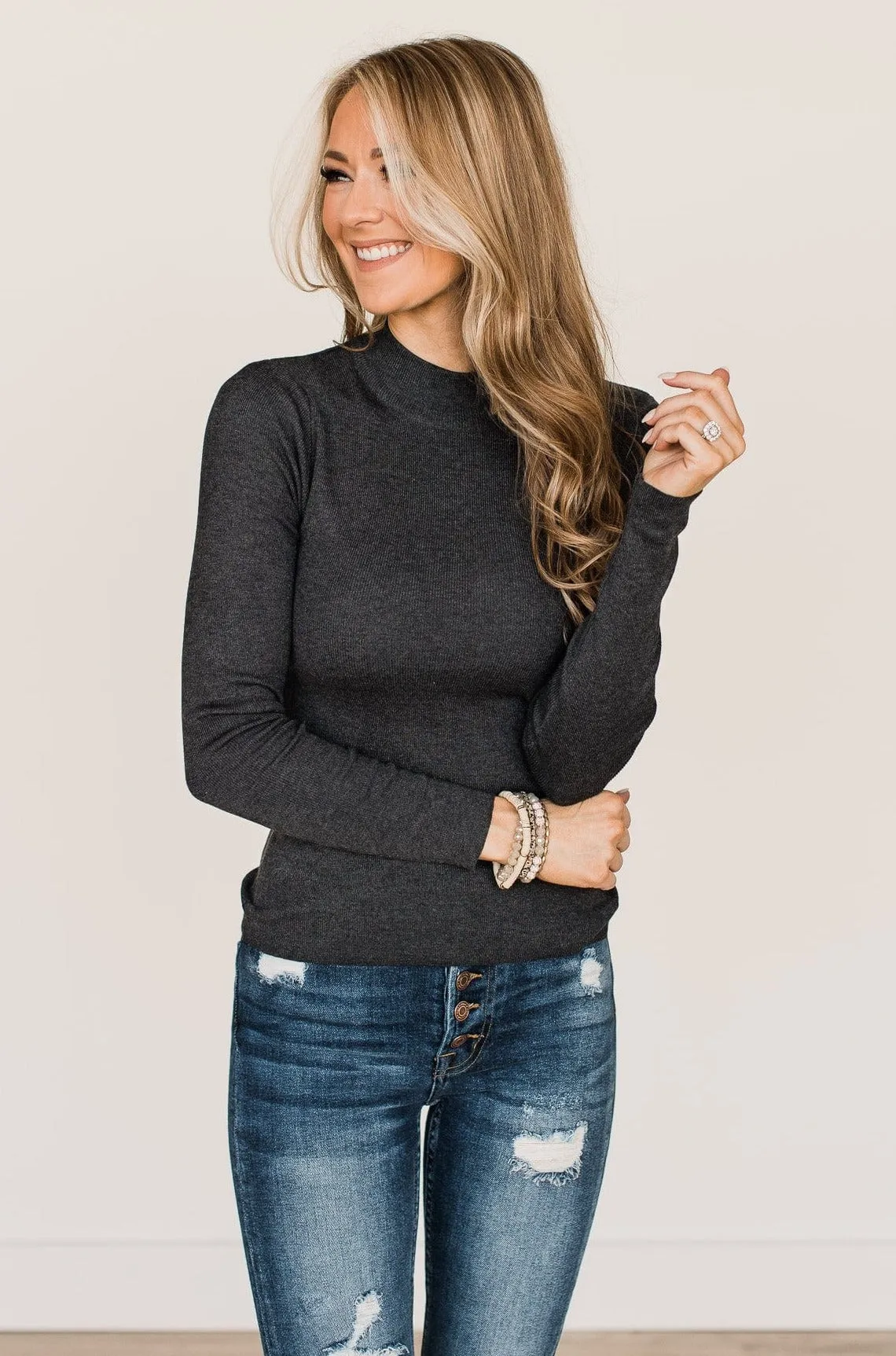 Just Because Long Sleeve Knit Top- Charcoal