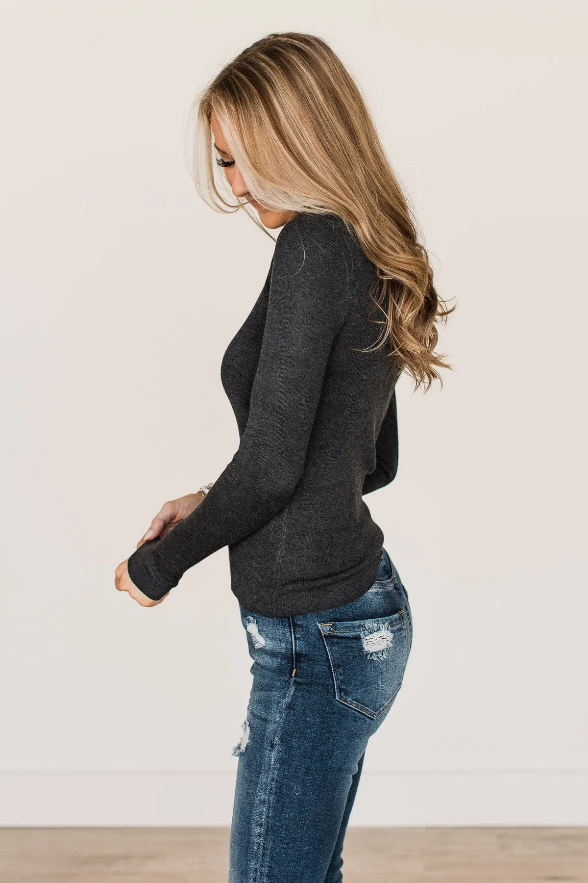 Just Because Long Sleeve Knit Top- Charcoal