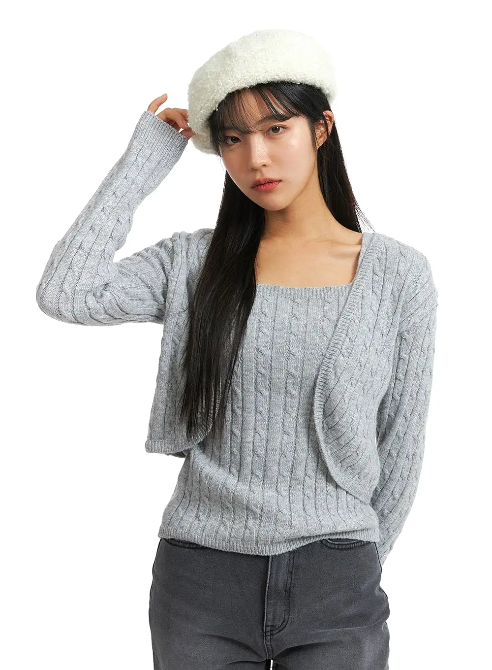 Knit Binding Long Sleeve Shrug OJ405