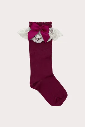 Lace Knee Socks - Burgundy