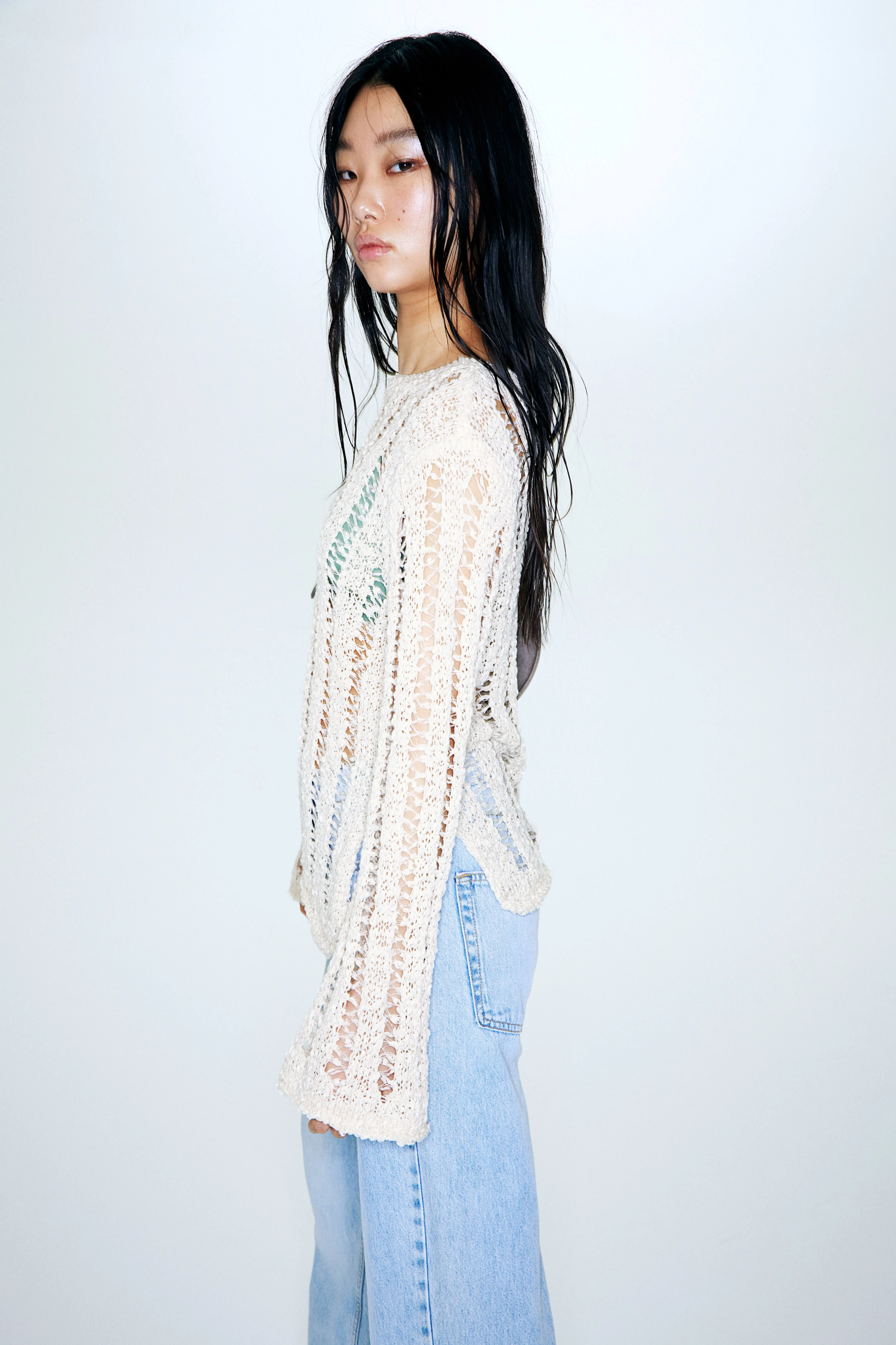 Ladder-stitch-look jumper - Round neck - Long sleeve - Light beige - Ladies | H&M GB